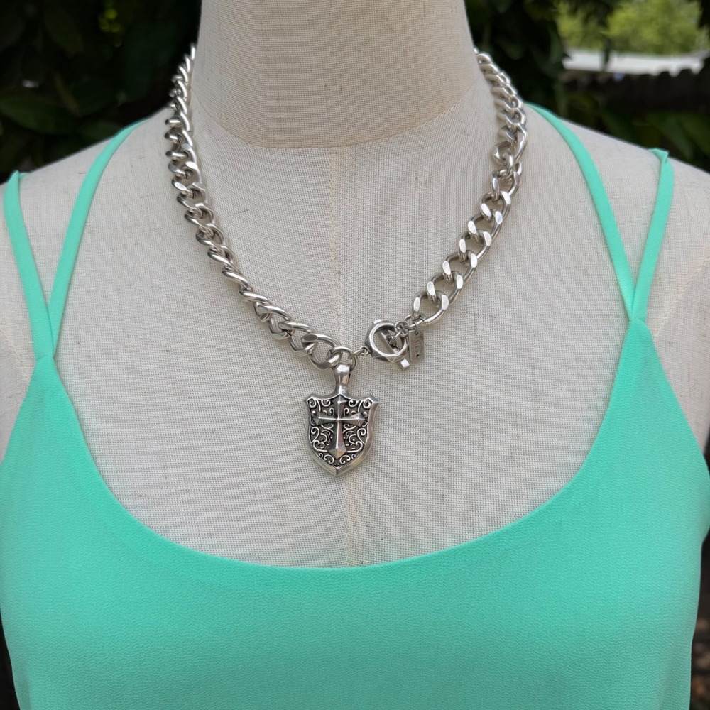 Stigma by Kim Min Sun Silver Tone Shield Cross Curb Chain Necklace Gothic Punk